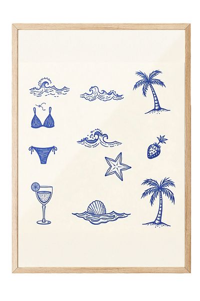 Postifull Wooden Framed Poster, Beach Atmosphere, Illustration, Blue Color Poster, 2025 Summer Selection, No:109554