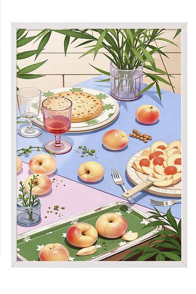 Postifull White Framed Painting, Picnic, Illustration, Maximalist, Yellow Color Poster, 2025 Summer Selection, No:1097