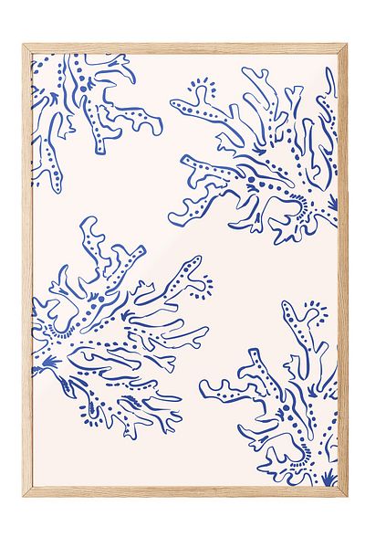 Postifull Wooden Framed Painting, Coral, Pattern, Plain Illustration, Blue, Beige Color Poster, 2025 Summer Selection, No: