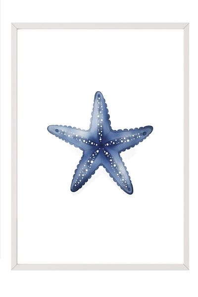 Postifull White Framed Poster Painting, Blue Starfish, Illustration, Blue Color Poster, 2025 Summer Selection,