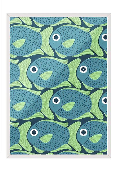 Postifull White Framed Painting, Green Fish, Illustration, Green Color Poster, 2025 Summer Selection, No:109738