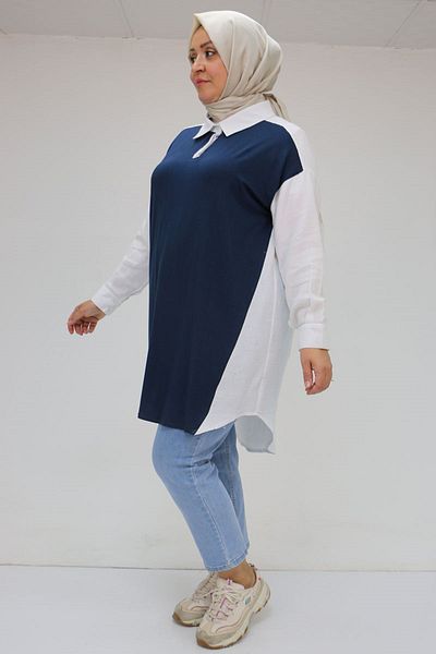 Eslina 58032 Large Size Muslin Tunic with Combed Cotton Detail on the Front - Navy Blue