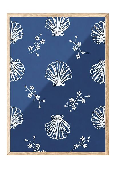 Postifull Wooden Framed Poster, Seashell, Illustration, Blue Color Poster, 2025 Summer Selection, No:109555