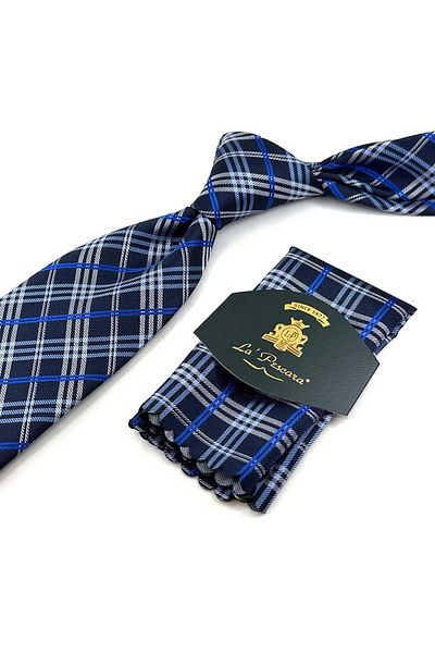 Kravatkolik Navy Blue Plaid Pattern Classic Tie with Handkerchief Kk13201