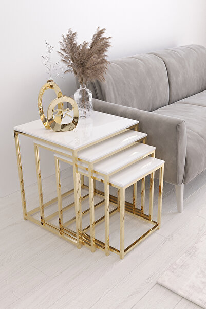 Puklife Duru 4'lü Kare Zigon Sehpa Seti Gold Ayak, Beyaz Mdf