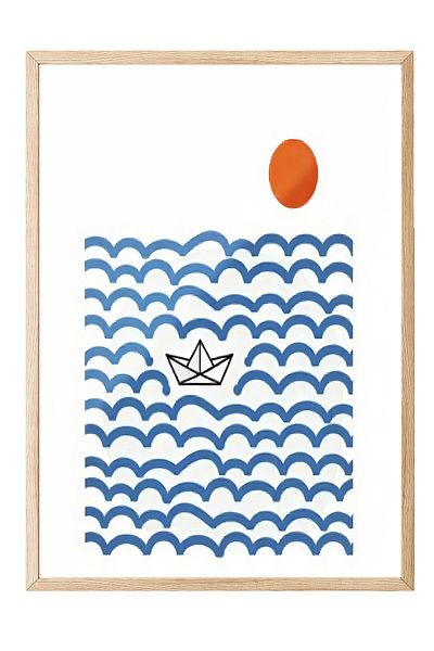 Postifull Wooden Framed Poster Painting, Paper Boat, Illustration, Maximalist, Blue Color Poster, 2025 Summer Selection