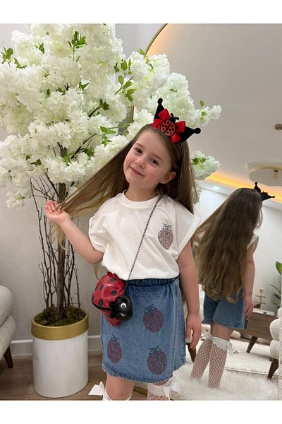 GÖKJOY BUTİK Uğur Böcek Stone Detail Jeans Skirt Shorts Set of 4 Including Crown and Bag