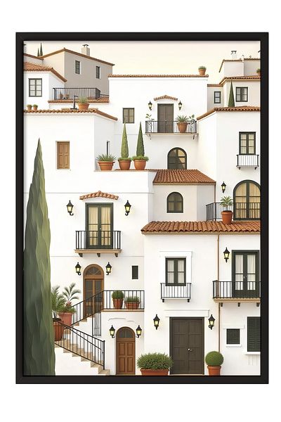 Postifull Black Framed Painting, White Houses, Illustration, White Color Poster, 2025 Summer Selection, No:109709