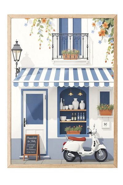 Postifull Wooden Framed Poster Painting, Intimate Cafe, Illustration, White Color Poster, 2025 Summer Selection, No:109