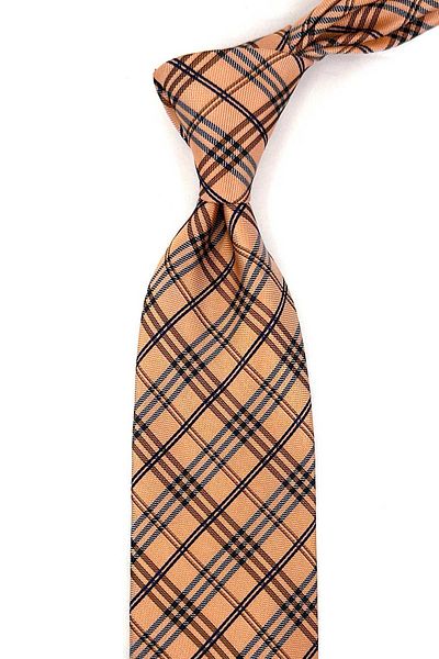 Kravatkolik Classic Tie with Orange Plaid Pattern Handkerchief Kk13200