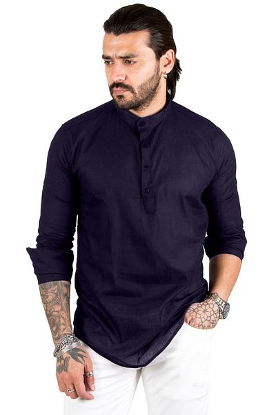 DeepSEA Men's Navy Blue Half Button Striped Judge Collar Raw Linen Long Sleeve Shirt 2201914