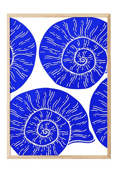 Postifull Wooden Framed Painting, Shell, Illustration, Blue, White Color Poster, 2025 Summer Selection, No:109842