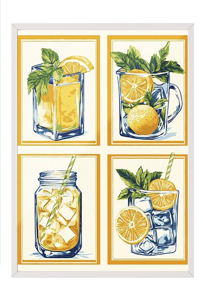 Postifull White Framed Painting, Glass, Lemon, Ice, Illustration, Flat Illustration, Orange, Green Color Poster,