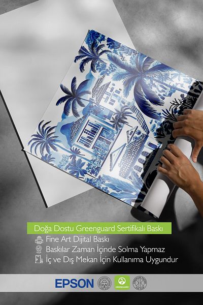 Postifull White Framed Painting, House, Palm Trees, Plants, Watercolor, Illustration, Blue, White Color Post