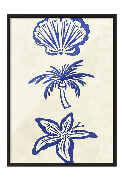 Postifull Black Framed Painting, Seashell, Palm and Flower, Illustration, Blue Color Poster, 2025 Summer Selection