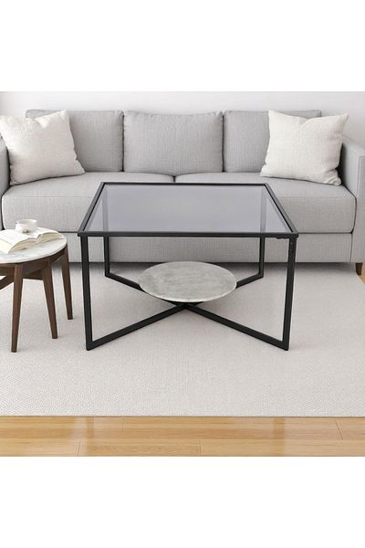 mr-everything A square coffee table with a bold, modern design, combining a black glass top, a gray lower shelf, and a black metal base.