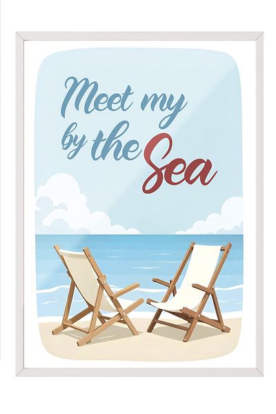 Postifull White Framed Poster, Seaside Encounter, Illustration, Blue Color Poster, 2025 Summer Selection, N