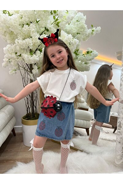 GÖKJOY BUTİK Uğur Böcek Stone Detail Jeans Skirt Shorts Set of 4 Including Crown and Bag