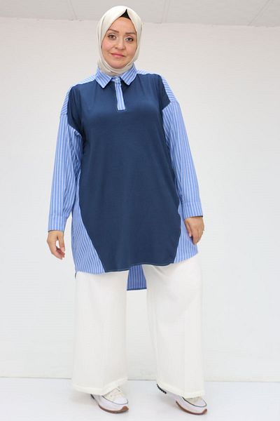 Eslina 58041 Large Size Front Combed Cotton Back Striped Fabric Tunic - Blue