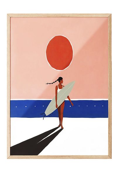 Postifull Wooden Framed Poster Painting, Female Surfer, Illustration, Red Color Poster, 2025 Summer Selection, No: