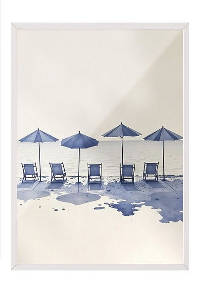 Postifull White Framed Painting, Beach Chairs, Illustration, Blue Color Poster, 2025 Summer Selection, No:10975