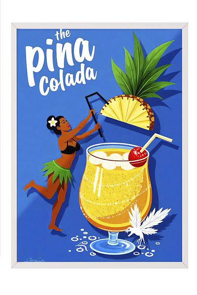 Postifull White Framed Painting, Pina Colada, Illustration, Maximalist, Navy Blue Color Poster, 2025 Summer Selection