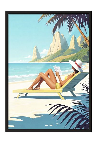 Postifull Black Framed Painting, Women Sunbathing, Illustration, Maximalist, Blue Color Poster, 2025 Summer S