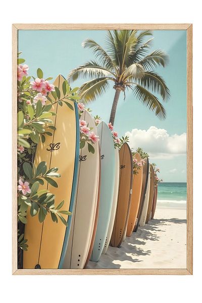 Postifull Wooden Framed Poster, Surfboard, Photo, Blue Color Poster, Summer Selection 2025, No:109548