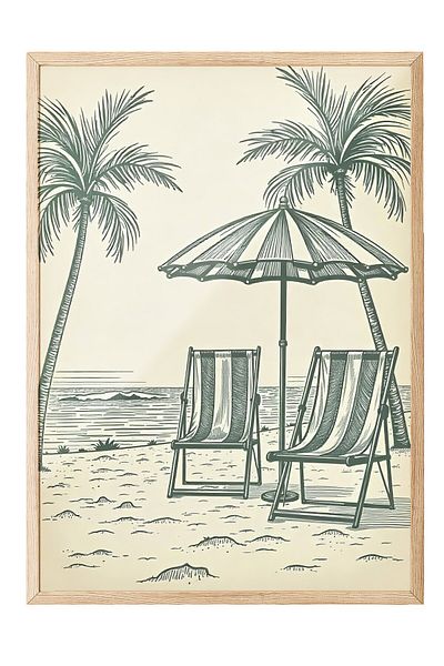 Postifull Wood Framed Poster, Coastline, Illustration, Green Color Poster, 2025 Summer Selection, No:109543