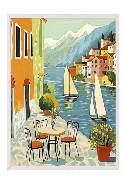 Postifull White Framed Painting, Sailboats, Chairs, Buildings, Impressionist, Vintage, Blue, Earth Tones R