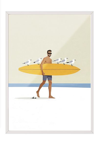 Postifull White Framed Poster Painting, Birds and Surfer, Illustration, Yellow Color Poster, 2025 Summer Selection, No