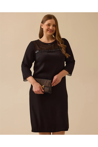 Gala-Xi Büyük Beden Pullu Transparan Detaylı Elbise