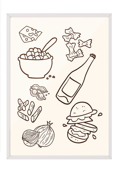 Postifull White Framed Painting, Cheese, Bottle, Burger, Illustration, Minimalist, Brown, Beige Color Poster,