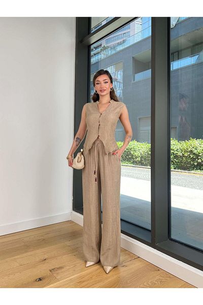 modaçelikler V-Neck Buttoned Blouse Wide Leg Waist Tied Pants Felina Mink Women's Set 25Y439