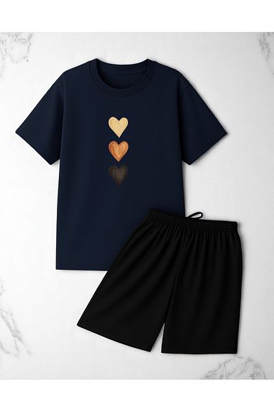 uyguntarz Unisex 3 Heart Printed Design Shorts Set