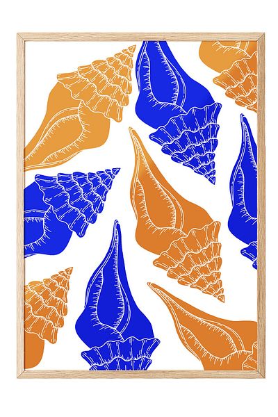 Postifull Wooden Framed Painting, Seashells, Flat Illustration, Contemporary, Orange, Blue Color Poster, 2025 Ya