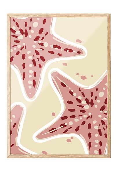 Postifull Wooden Framed Painting, Sea Star, Flat Illustration, Minimalist, Beige, Pink Color Poster, 2025 Summer