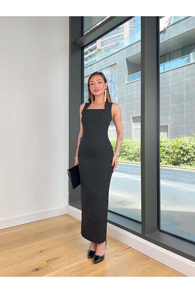 modaçelikler Square Neck Karalde Black Women's Long Dress 25Y440