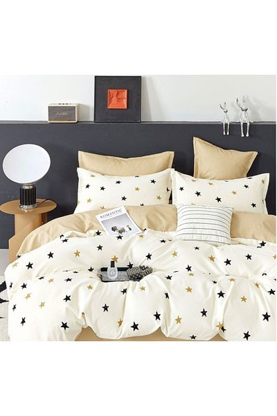 OEM Double Bed Linen for 2 People, 6 Pieces, 230 x 200 cm, Cream-Beige, Stars