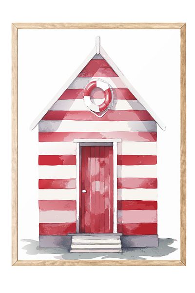 Postifull Wooden Framed Painting, Hut, Door, Lifebuoy, Watercolor, Red, White Color Poster, Choose Summer 2025