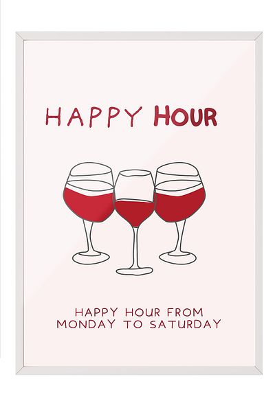 Postifull White Framed Painting, Wine Glasses, Flat Illustration, Red, Beige Color Poster, 2025 Summer Selection