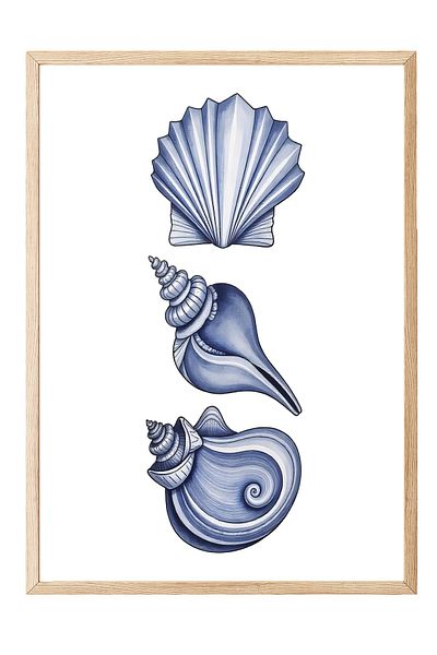 Postifull Wooden Framed Poster, Seashell, Illustration, Blue Color Poster, 2025 Summer Selection, No:109546