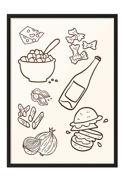 Postifull Black Framed Painting, Cheese, Bottle, Burger, Illustration, Minimalist, Brown, Beige Color Poster,
