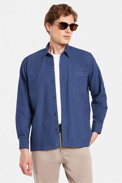 Tudors Regular Fit Relaxed Cut Denim Button Collar Navy Blue Denim Shirt with Pockets