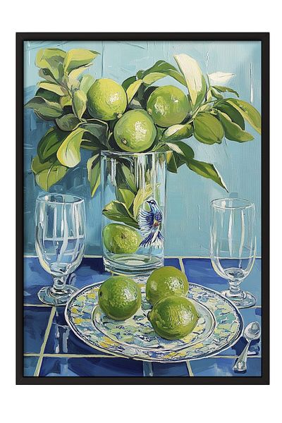 Postifull Black Framed Painting, Lemon, Vase, Plate, Oil Painting, Green, Blue Color Poster, 2025 Summer Selection