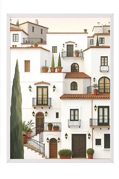 Postifull White Framed Painting, White Houses, Illustration, White Color Poster, 2025 Summer Selection, No:109709