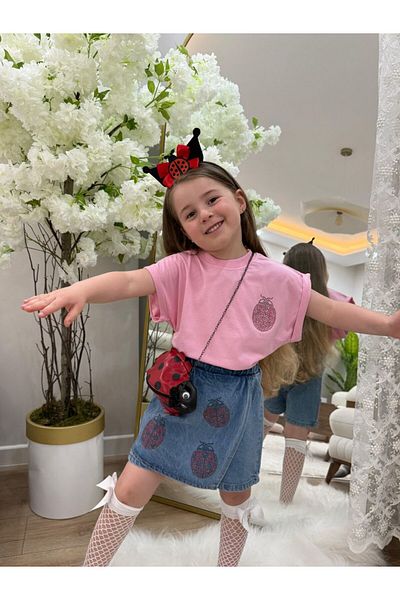 GÖKJOY BUTİK Uğur Böcek Stone Detail Jeans Skirt Shorts Set of 4 Including Crown and Bag