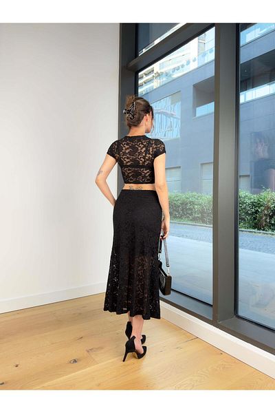 modaçelikler Short Sleeve Blouse Midi Skirt Dalder Black Women's Lace Suit 25Y425