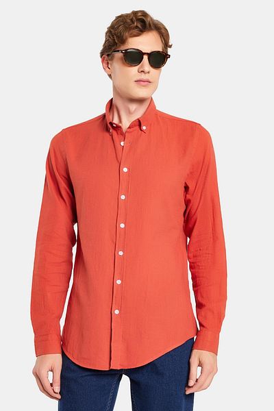 Tudors Ανδρικό πουκάμισο με λεπτή εφαρμογή Slim Fit 100% βαμβακερό λινό με κουμπιά πέτο