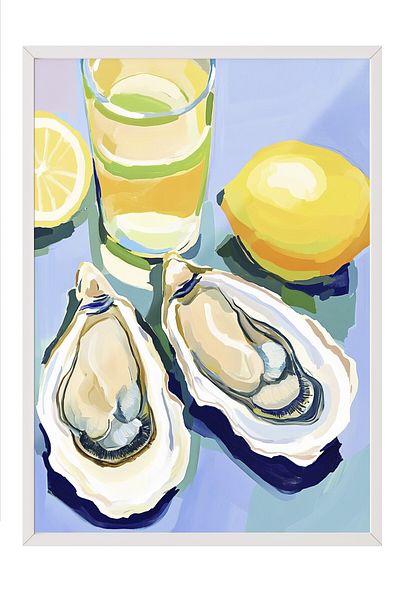 Postifull White Framed Painting, Glass, Oyster, Lemon, Acrylic Painting, Contemporary, Blue, Yellow Color Poster, 2025 Ya